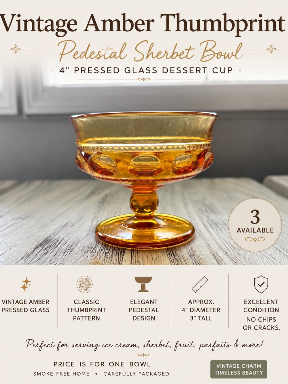 Vintage Amber Thumbprint Pedestal Sherbet Dessert Bowl Footed Glass 4”